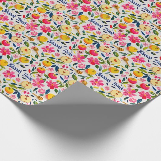 Shana Tova mit Äpfeln und Honigtröpfchen Geschenkpapier (Ecke)