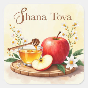 Shana Tova Rosh Hashanah Apple und Honey Blume Quadratischer Aufkleber