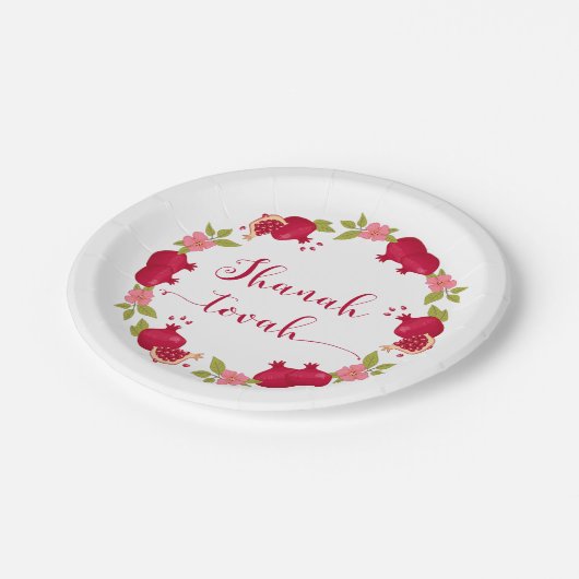 Shanah Tovah Neujahr Granatapfel Blume Wreath Pappteller (Schrägansicht)