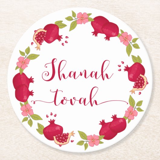 Shanah Tovah Neujahr Granatapfel Blume Wreath Runder Pappuntersetzer (Vorderseite)