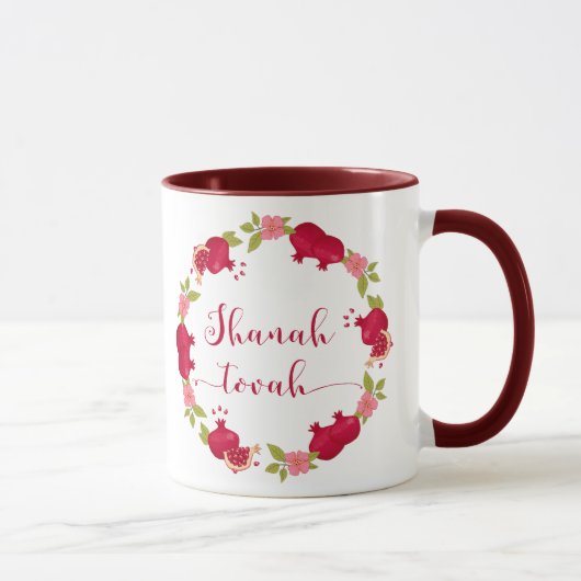 Shanah Tovah Neujahr Granatapfel Blume Wreath Tasse (Rechts)