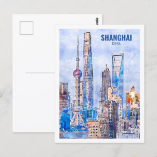 Shanghai China Berühmte Reise-Wasserfarben-Skizze Postkarte