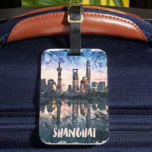 Shanghai China Skyline Aquarell-Kunstprint Gepäckanhänger