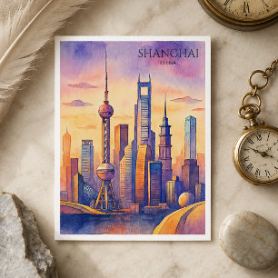 Shanghai Skyline China Reise Aquarell Feiertagspostkarte