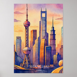Shanghai Skyline China Reise Aquarell  Poster