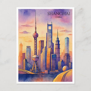 Shanghai Skyline China Travel Watercolor Feiertagspostkarte