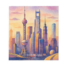 Shanghai Skyline China Travel Watercolor 