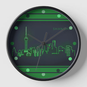 Shanghai Skyline Green Neon Look Citycape Wall R Uhr