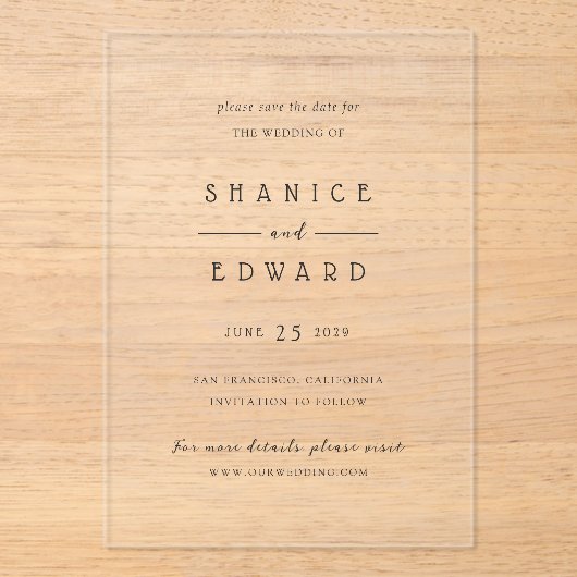 Shanice Modern Wedding rettet das Datum Acryleinladungen (Vorderseite)