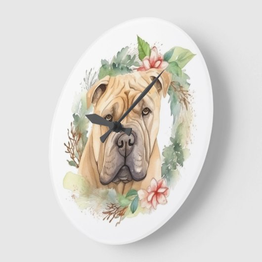 Shar Pei Christmas Wreath Festivals Große Wanduhr (Winkel)