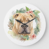 Shar Pei Christmas Wreath Festivals Große Wanduhr (Vorderseite)