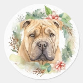 Shar Pei Christmas Wreath Festivals Runder Aufkleber (Vorderseite)