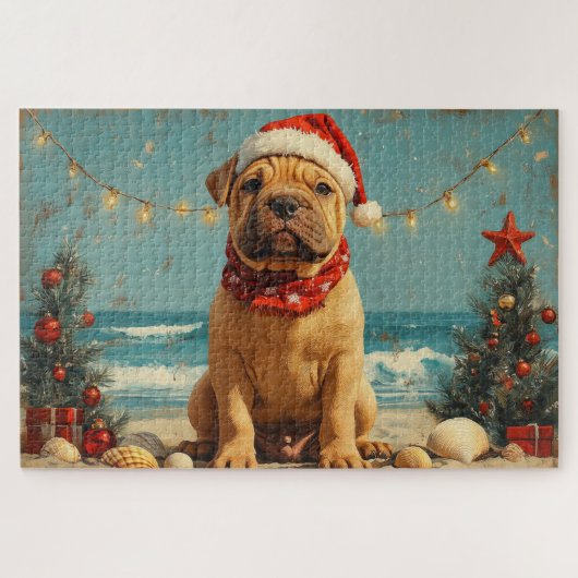 Shar Pei Dog Christmas Vintag Beach Puzzle (Horizontal)