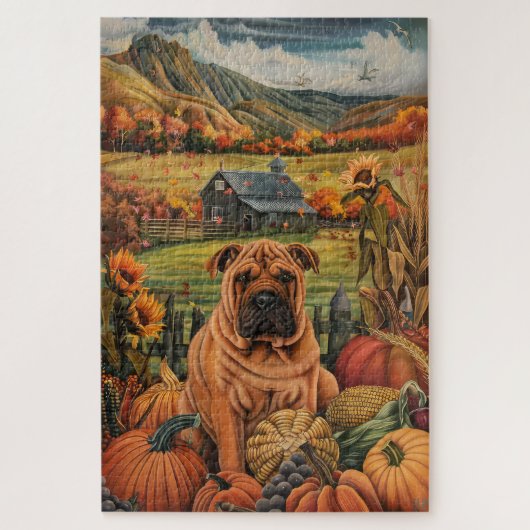 Shar Pei Dog Herbsternte Erntedank Puzzle (Vertikal)