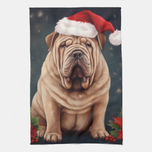 Shar Pei Dog in Schnee Weihnachten Geschirrtuch (Vertikal)