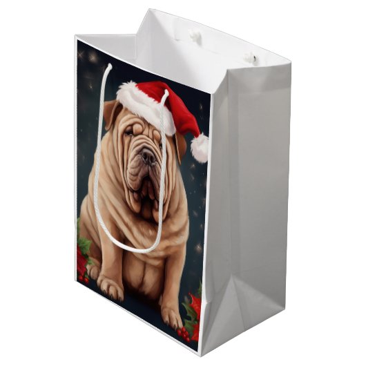 Shar Pei Dog in Schnee Weihnachten Mittlere Geschenktüte (Vorderseite Schrägansicht)