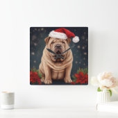Shar Pei Dog in Schnee Weihnachten Quadratische Wanduhr (Zuhause)