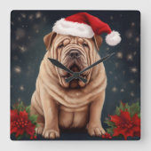 Shar Pei Dog in Schnee Weihnachten Quadratische Wanduhr (Vorderseite)