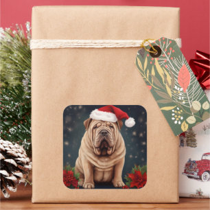 Shar Pei Dog in Schnee Weihnachten Quadratischer Aufkleber