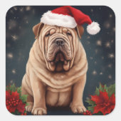Shar Pei Dog in Schnee Weihnachten Quadratischer Aufkleber (Vorderseite)