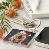 Shar Pei Dog in Schnee Weihnachten Schlüsselanhänger (Vorderseite rechts)