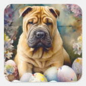 Shar Pei Dog mit Ostereier Urlaub Quadratischer Aufkleber (Vorderseite)