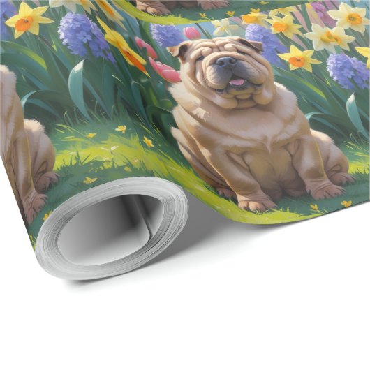 Shar Pei Dog Spring Flowers Malerei Geschenkpapier (Rolleneckpunkt)