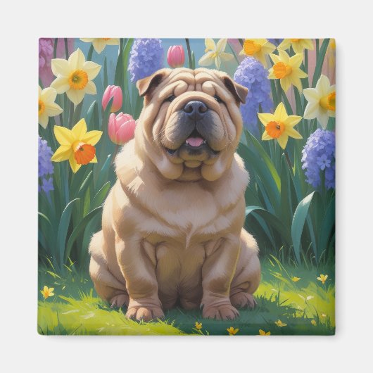 Shar Pei Dog Spring Flowers Malerei Magnet (Vorne)