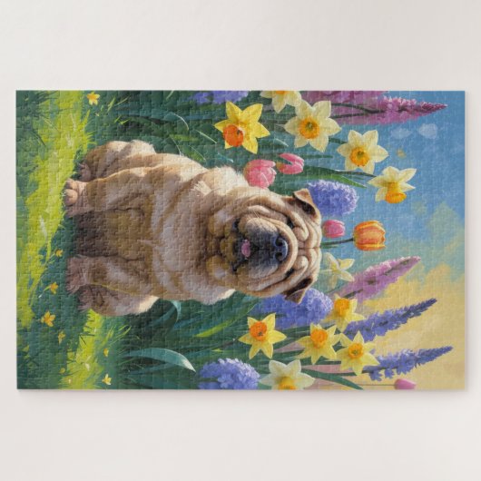 Shar Pei Dog Spring Flowers Malerei Puzzle (Horizontal)