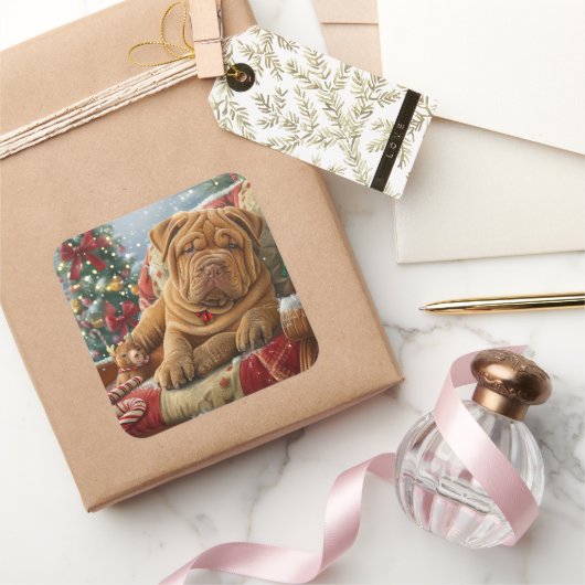 Shar Pei Dog Weihnachtsfest Quadratischer Aufkleber (Schenken)