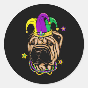 Shar Pei Face Wearing Mardi Gras Beads Jester Hat Runder Aufkleber