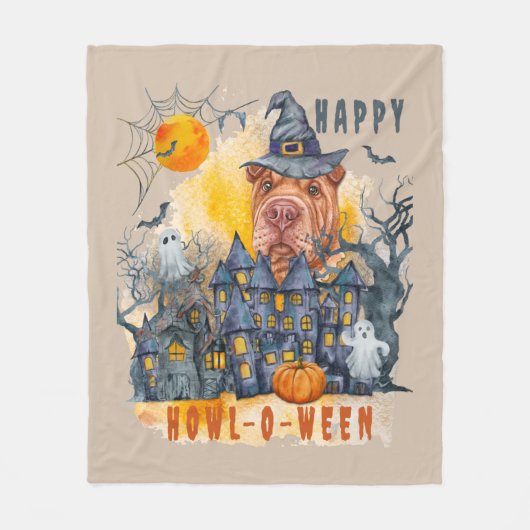 Shar pei Happy Howl-o-ween Ghost Houses Funny Fleecedecke (Vorderseite)