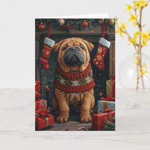 Shar Pei Hund mit Weihnachtsgeschenken Feuerplatz Karte