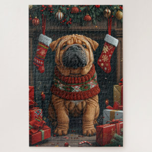 Shar Pei Hund mit Weihnachtsgeschenken Kamin Puzzle