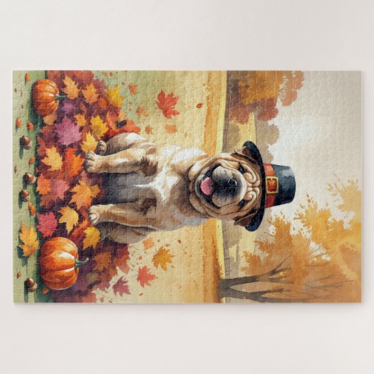 Shar Pei im Herbst hinterlässt Erntedank Kunst Puzzle (Horizontal)