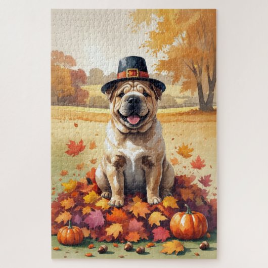 Shar Pei im Herbst hinterlässt Erntedank Kunst Puzzle (Vertikal)
