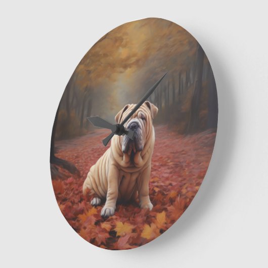 Shar Pei im Herbst Leaves Fall Inspiriert Große Wanduhr (Winkel)