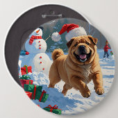 Shar Pei läuft im Schnee mit Weihnachtshut Button (Vorne & Hinten)