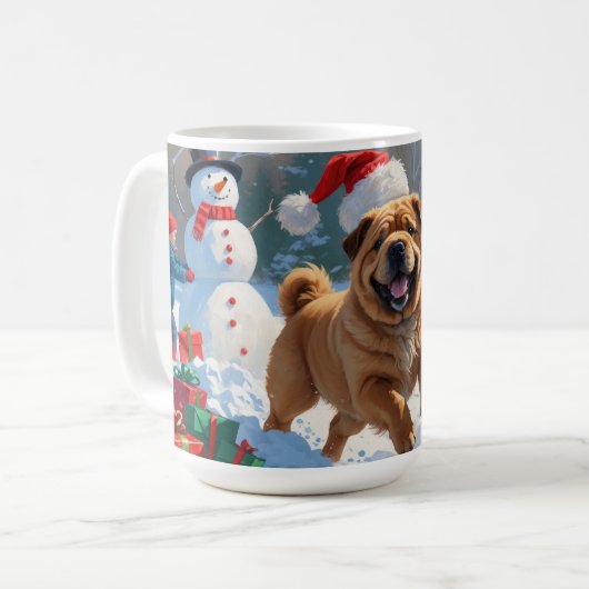 Shar Pei läuft im Schnee mit Weihnachtshut Kaffeetasse (Vorderseite Links)