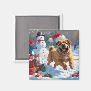 Shar Pei läuft im Schnee mit Weihnachtshut Magnet