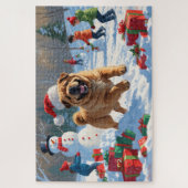 Shar Pei läuft im Schnee mit Weihnachtshut Puzzle (Vertikal)