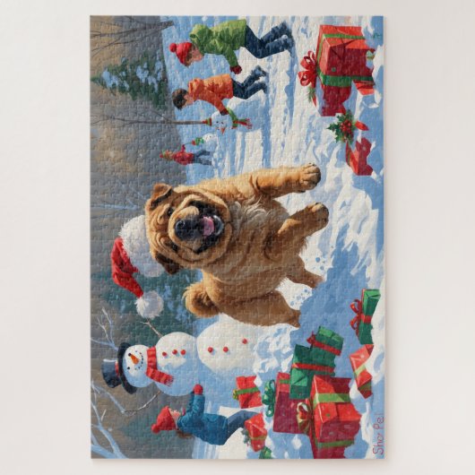 Shar Pei läuft im Schnee mit Weihnachtshut Puzzle (Vertikal)