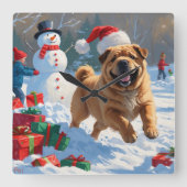 Shar Pei läuft im Schnee mit Weihnachtshut Quadratische Wanduhr (Vorderseite)