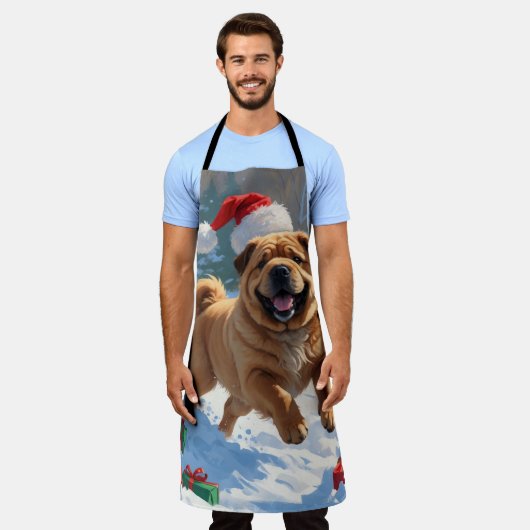 Shar Pei läuft im Schnee mit Weihnachtshut Schürze (Getragen)