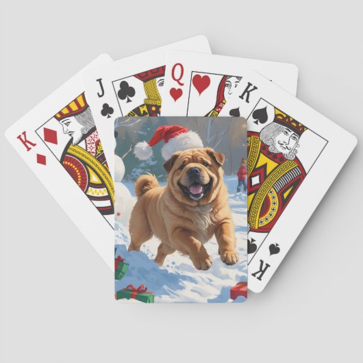 Shar Pei läuft im Schnee mit Weihnachtshut Spielkarten (Rückseite)