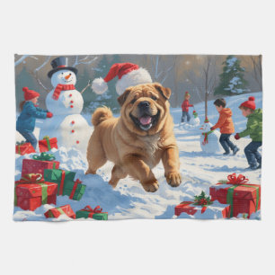 Shar Pei läuft im Schnee mit Weihnachtsmütze Geschirrtuch
