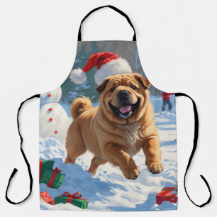 Shar Pei läuft im Schnee mit Weihnachtsmütze Schürze