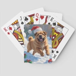 Shar Pei läuft im Schnee mit Weihnachtsmütze Spielkarten