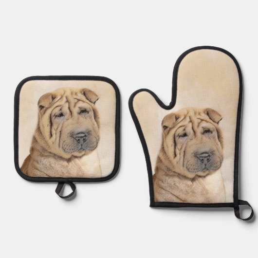 Shar Pei Painting Fawn Wrinkle Original Dog Art Ofenhandschuh & Topflappen-Set (Vorderseite)