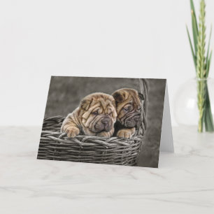 Shar-Pei Pups in Basket Greeting Card Karte